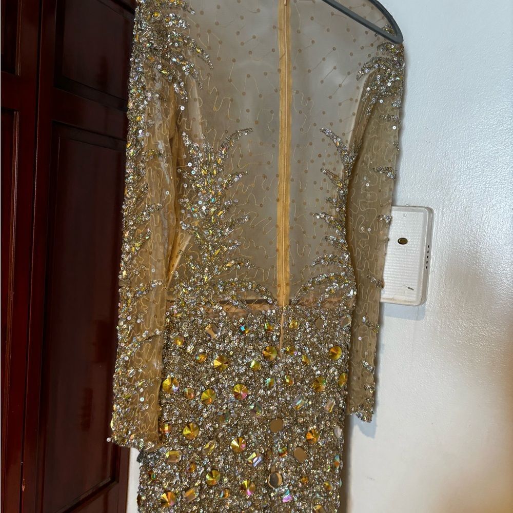 Royal queen rhinestone runway dress beaded bodycon sparkle crystal gems see thru - Picture 8 of 8